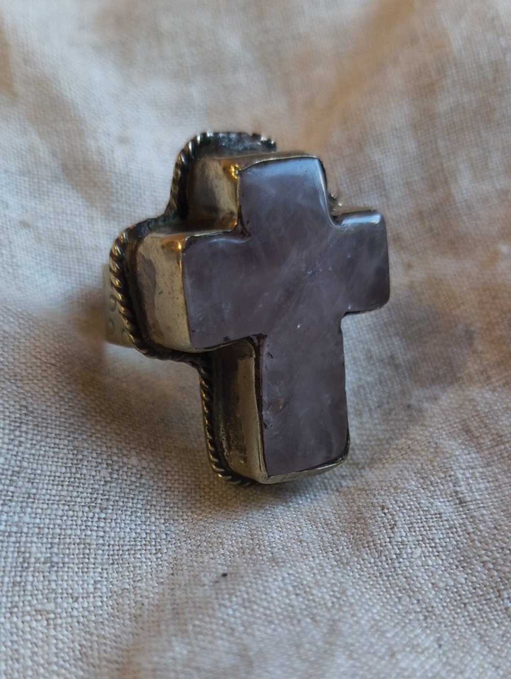 Artisan Lavender Cross Stone Ring in Silver Tone
